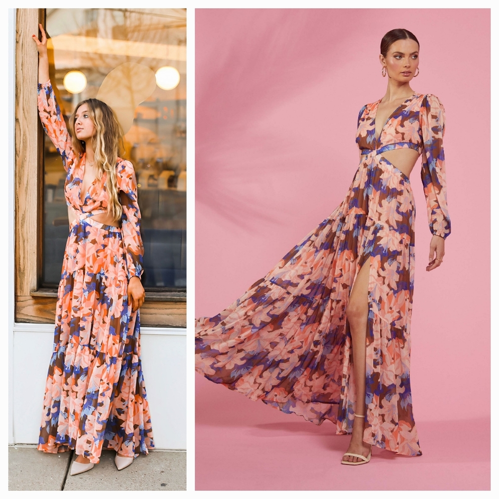 Astr Floral Maxi Dress in Peach, Purple, Navy